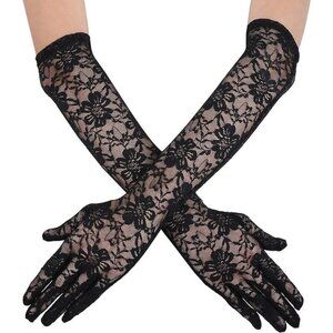 Women's Black Floral Long Lace Gloves Wedding Dance Stretchy Elbow Length